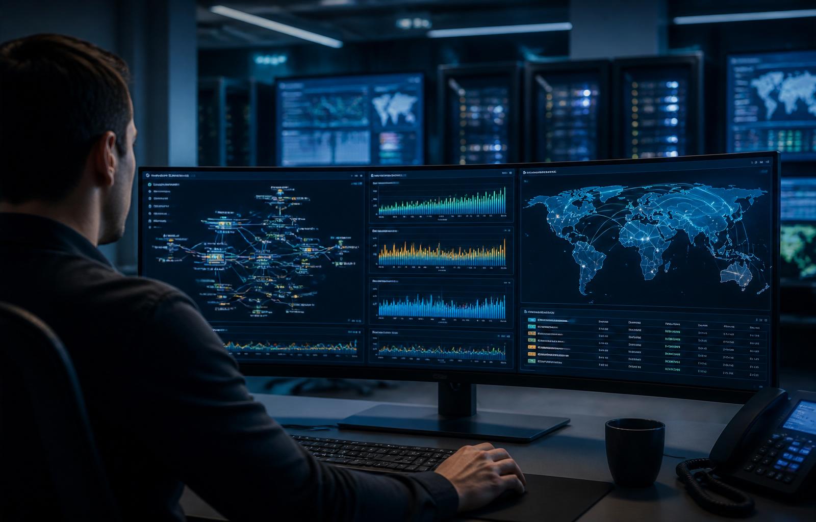 Centro de operações da Global Source monitorando redes em tempo real