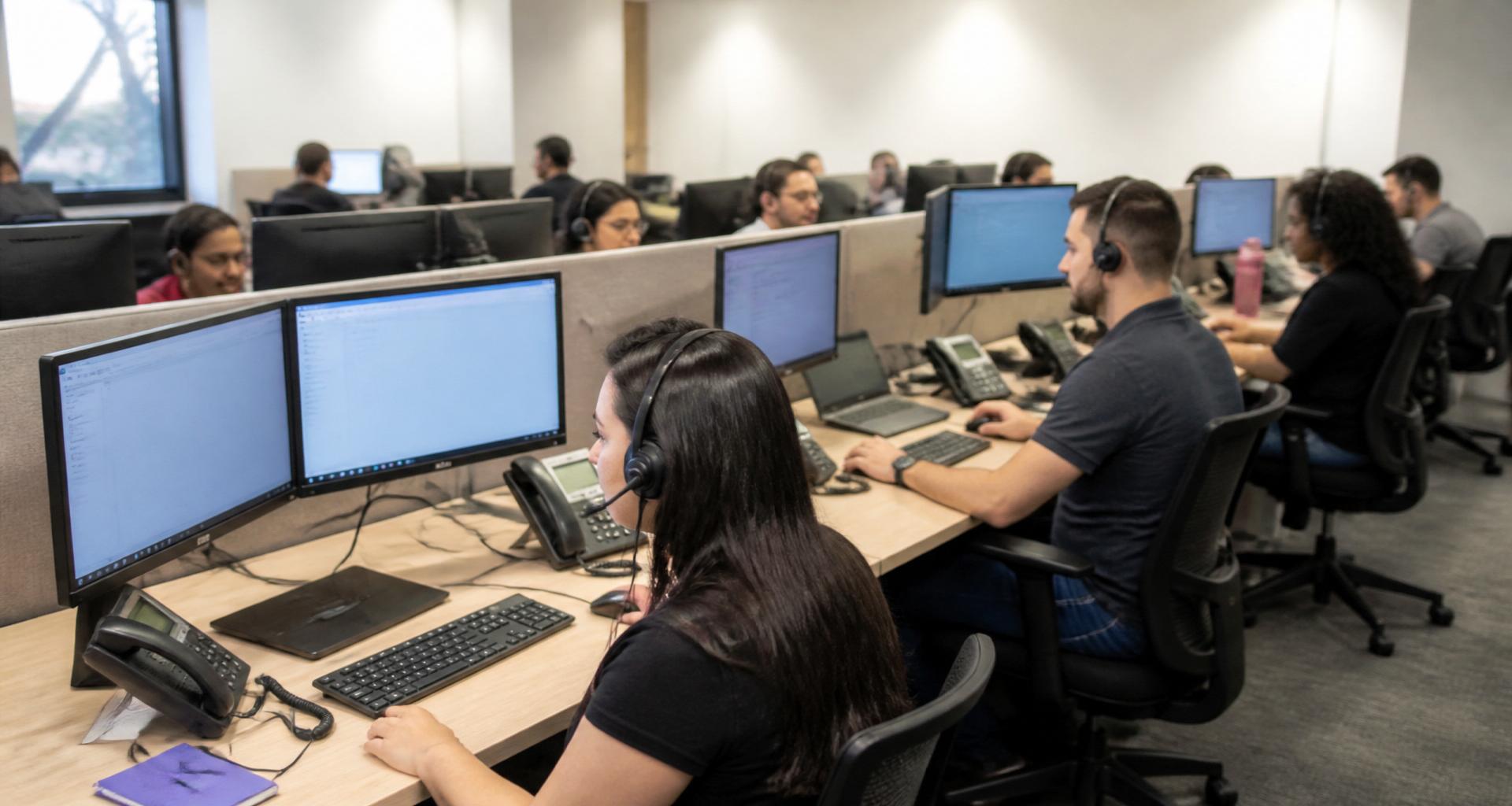 Centro de operações da Global Source acompanhando indicadores de atendimento